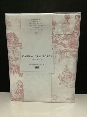 NEW. Cabbages & Roses London Rose Pink Country Toile QUEEN Cotton Sheet Set